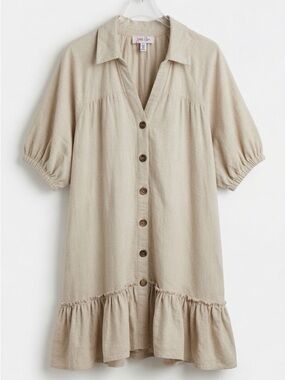 Jess Lea Linen Blend Ruffle Hem Shirt Dress Large Pockets Neutral Boho